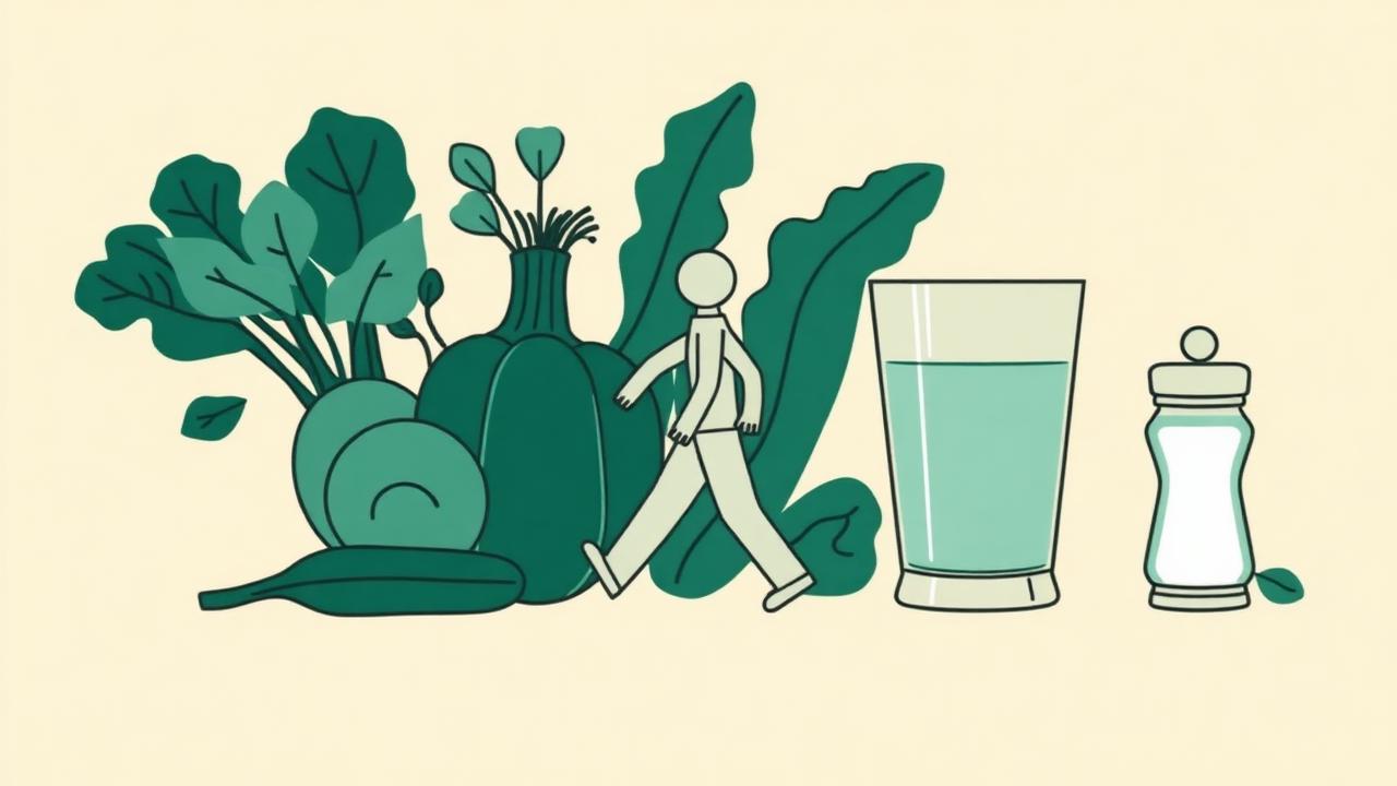 Illustration of vegetables, a walking figure, water and a salt shaker