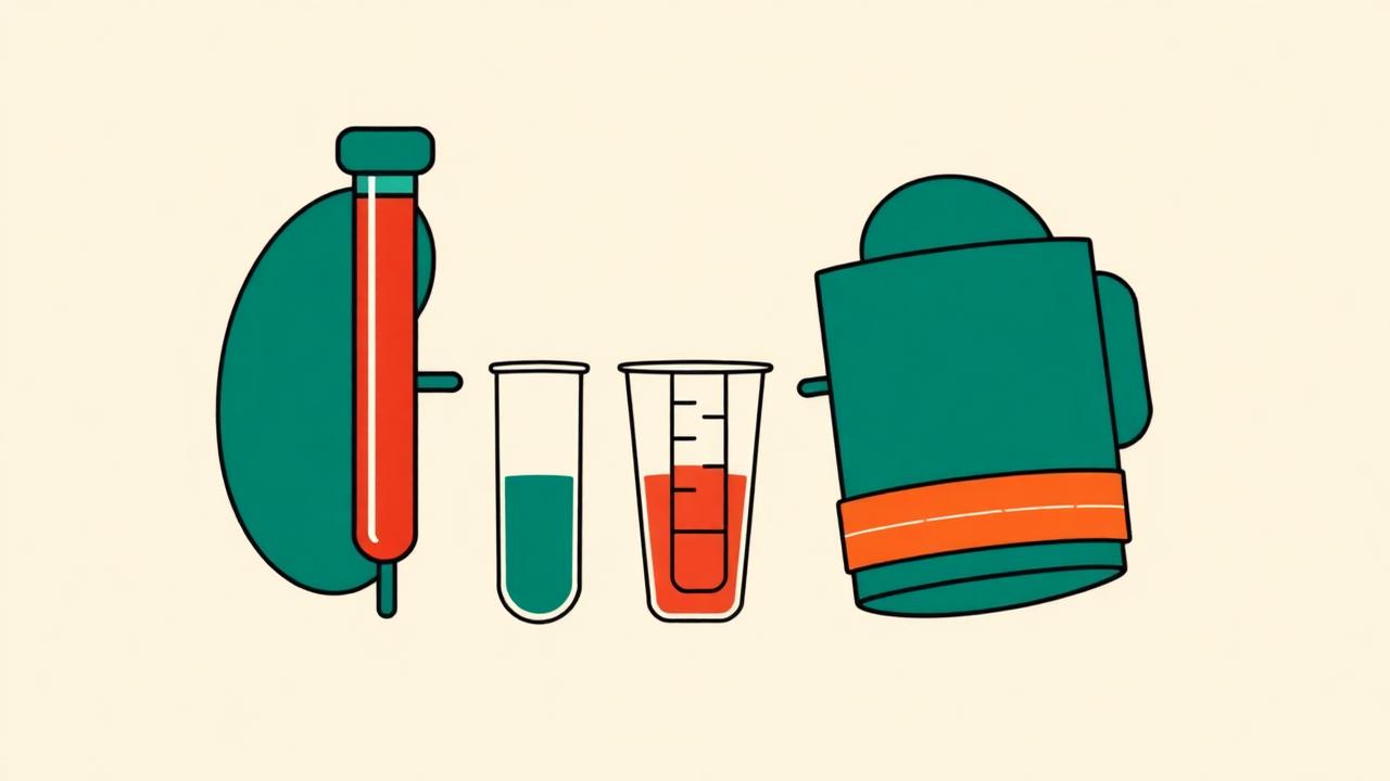 Illustration of blood test tube, urine sample cup and blood pressure cuff
