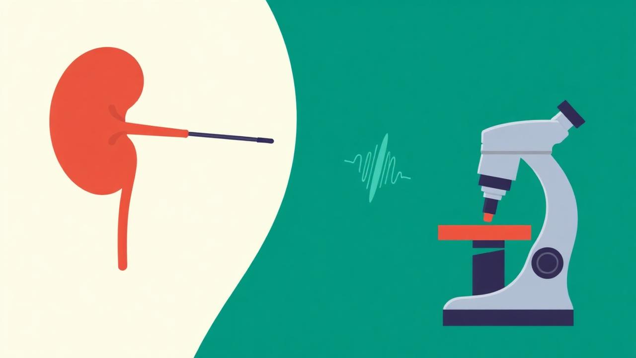Illustration of a kidney with a fine biopsy needle guided by ultrasound, beside a microscope