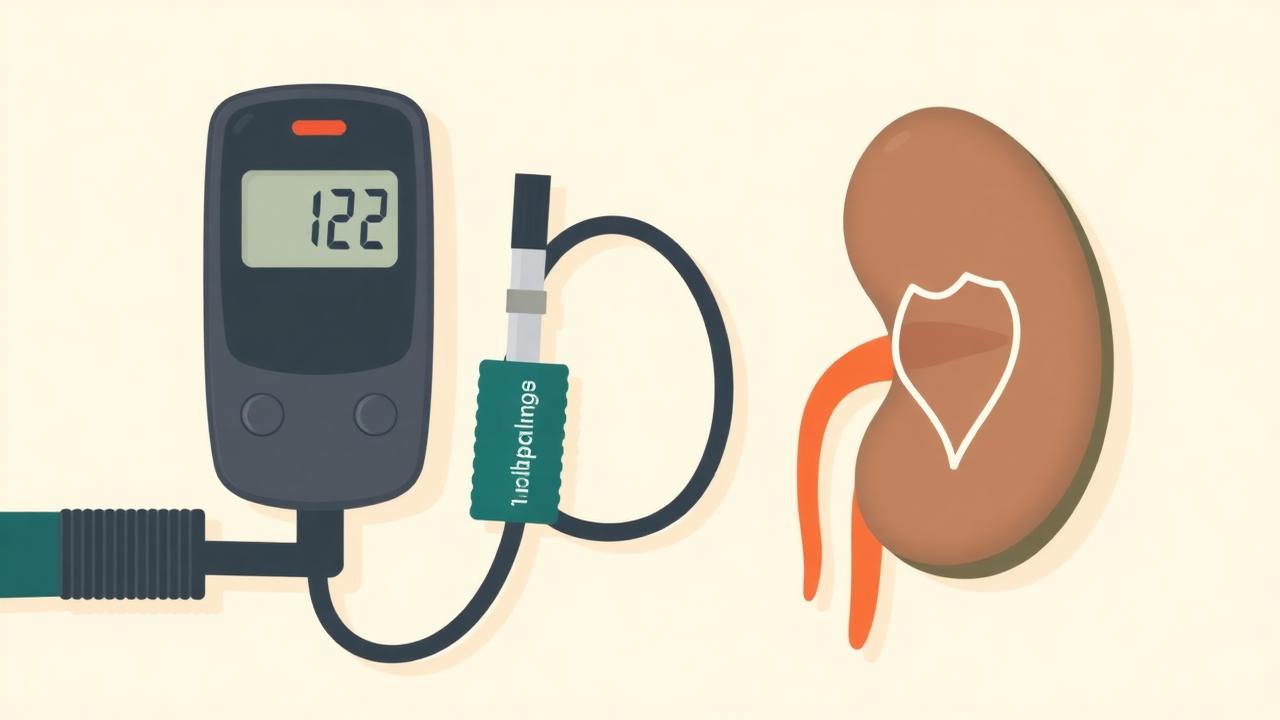 Illustration of a glucose meter, blood pressure cuff and a kidney with a protective shield